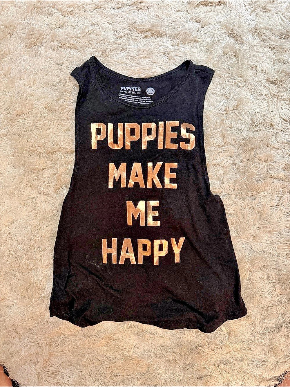 Puppies Make Me Happy Black Tank Top with Metallic Font Black Graphic Muscle Tee
